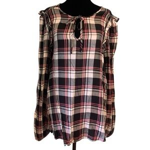 Fenomenon plaid long sleeved ruffle blouse 80s style size large NWT